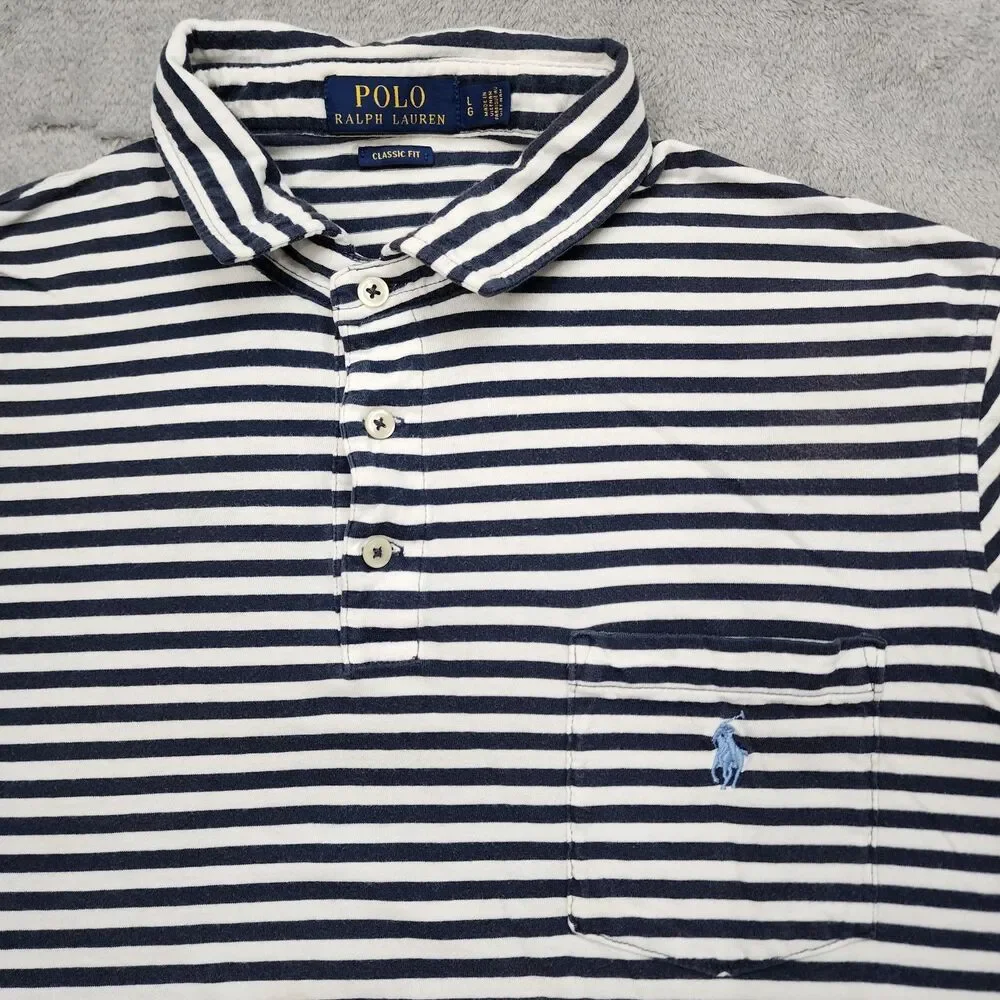 Polo Ralph Lauren Mens L Classic Fit Navy And White Striped Pocket 100% Cotton
